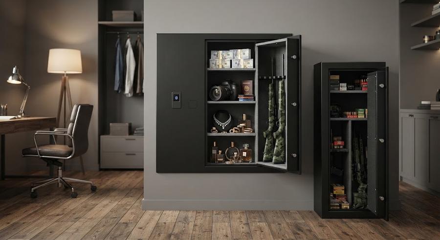 Luzfuego In-Wall Biometric Safe recessed into a hallway wall
